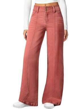 Women's Red High Waisted Stretchy Jeans Seamed Front Double Buttons Wide Leg